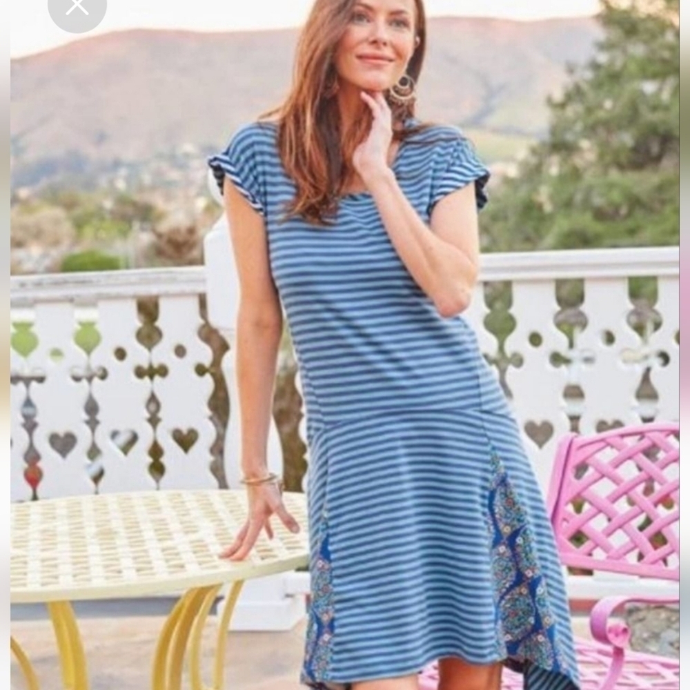 Matilda Jane Walkabout Women's Sidetail Stripe Blue Floral Dress Size S